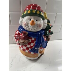 Vintage‎ Young's Heartfelt Kitchen Creations Cookie Jar Snowman Cardinal & Tree